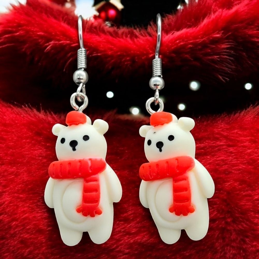 White Polar Bear Winter Holiday Earrings Dangle Drop Pierced Ears Jewelry Party